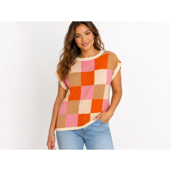 The Unbranded Brand Sweaters - Womens Multi Color‎ Checkerboard Knit Top Short Sleeve Viscose Sweater XL Retro